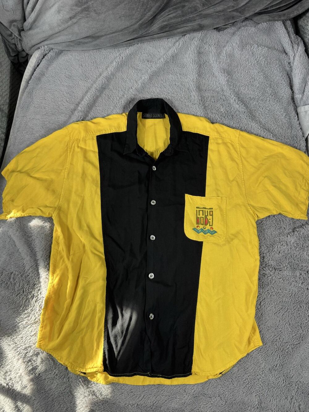 Street Scenes Shirt Mens Large Yellow Black Colorblock Short Sleeve Button Up